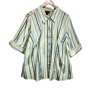 Lane Bryant Women Button Top 26/28 Green Blue Stripe Relaxed Fit Stretch Comfort